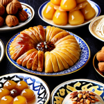 **Traditional Arabic Sweets Display**: Create an image of a beautiful assortment of traditional Arabic sweets, including a vibrant plate of baklava, knafeh, and maamoul, artistically arranged with nuts and honey drizzled on top. The background should reflect Middle Eastern decor with intricate patterns.