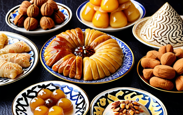 **Traditional Arabic Sweets Display**: Create an image of a beautiful assortment of traditional Arabic sweets, including a vibrant plate of baklava, knafeh, and maamoul, artistically arranged with nuts and honey drizzled on top. The background should reflect Middle Eastern decor with intricate patterns.